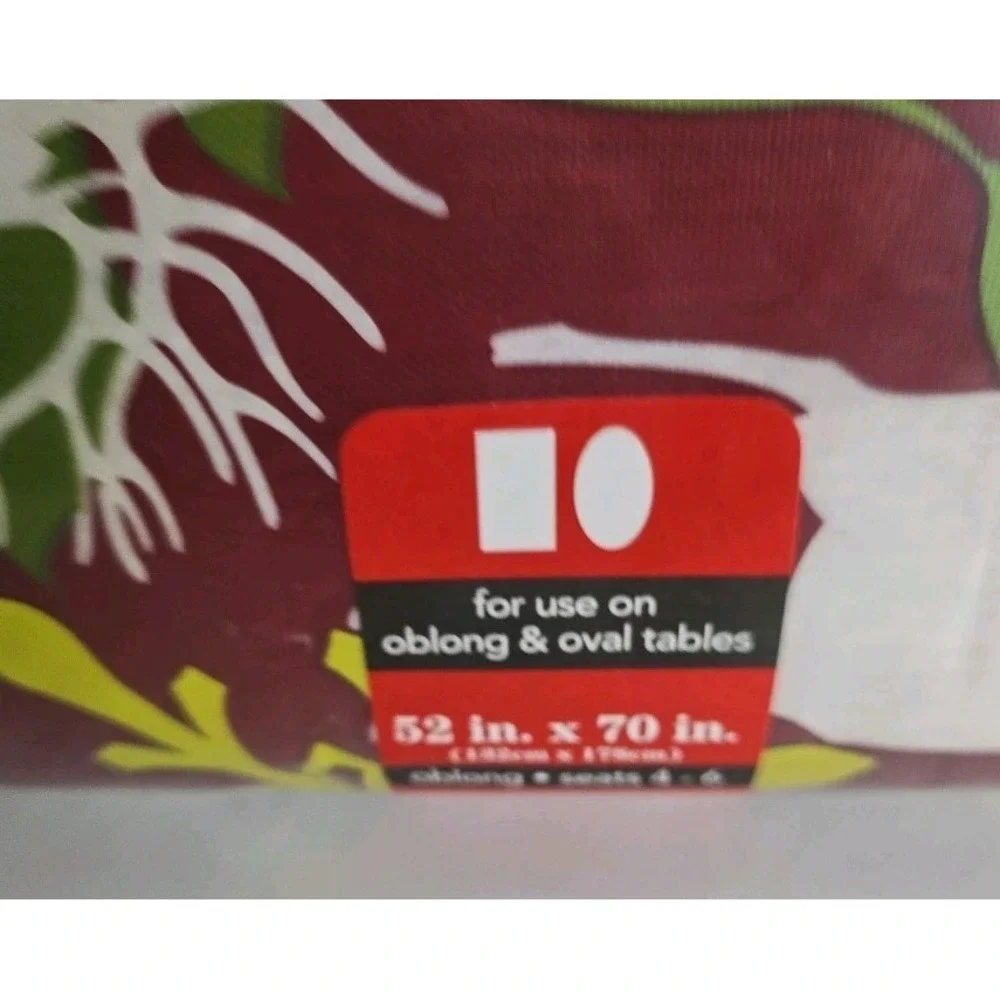 December Home‎ Vinyl Table Cloth Burgandy Reindeer Size Oblong 52 In X 70 In New